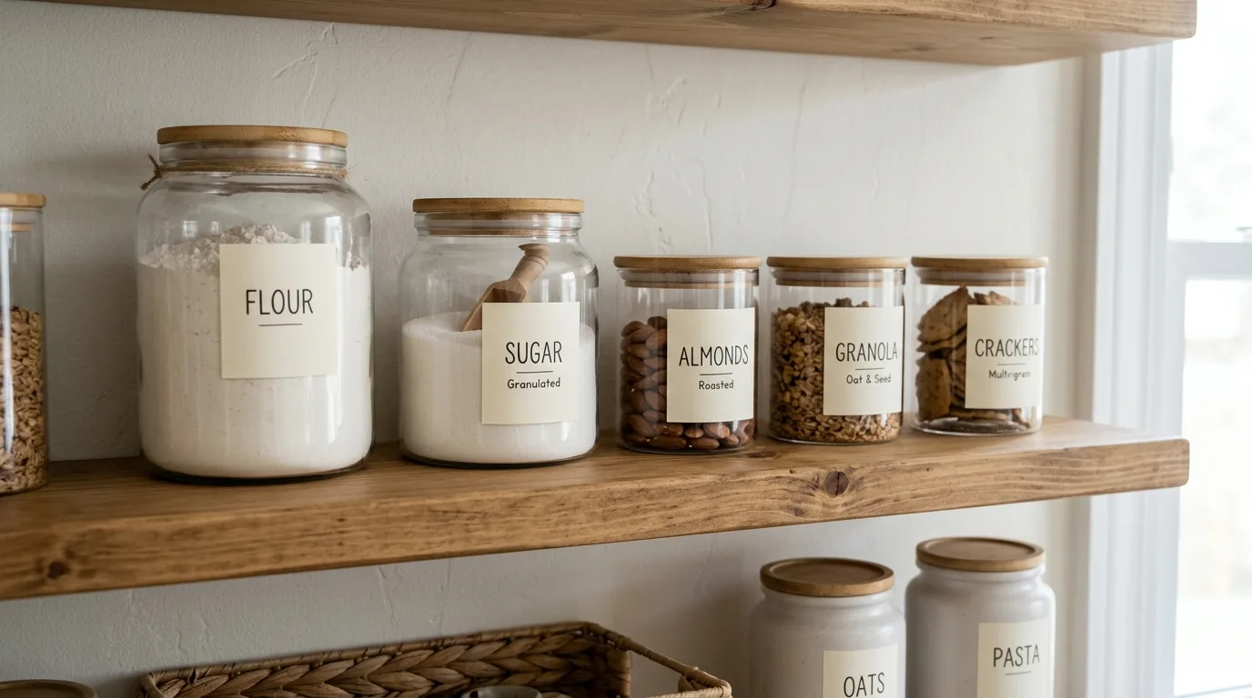 Labeled pantry jars and containers